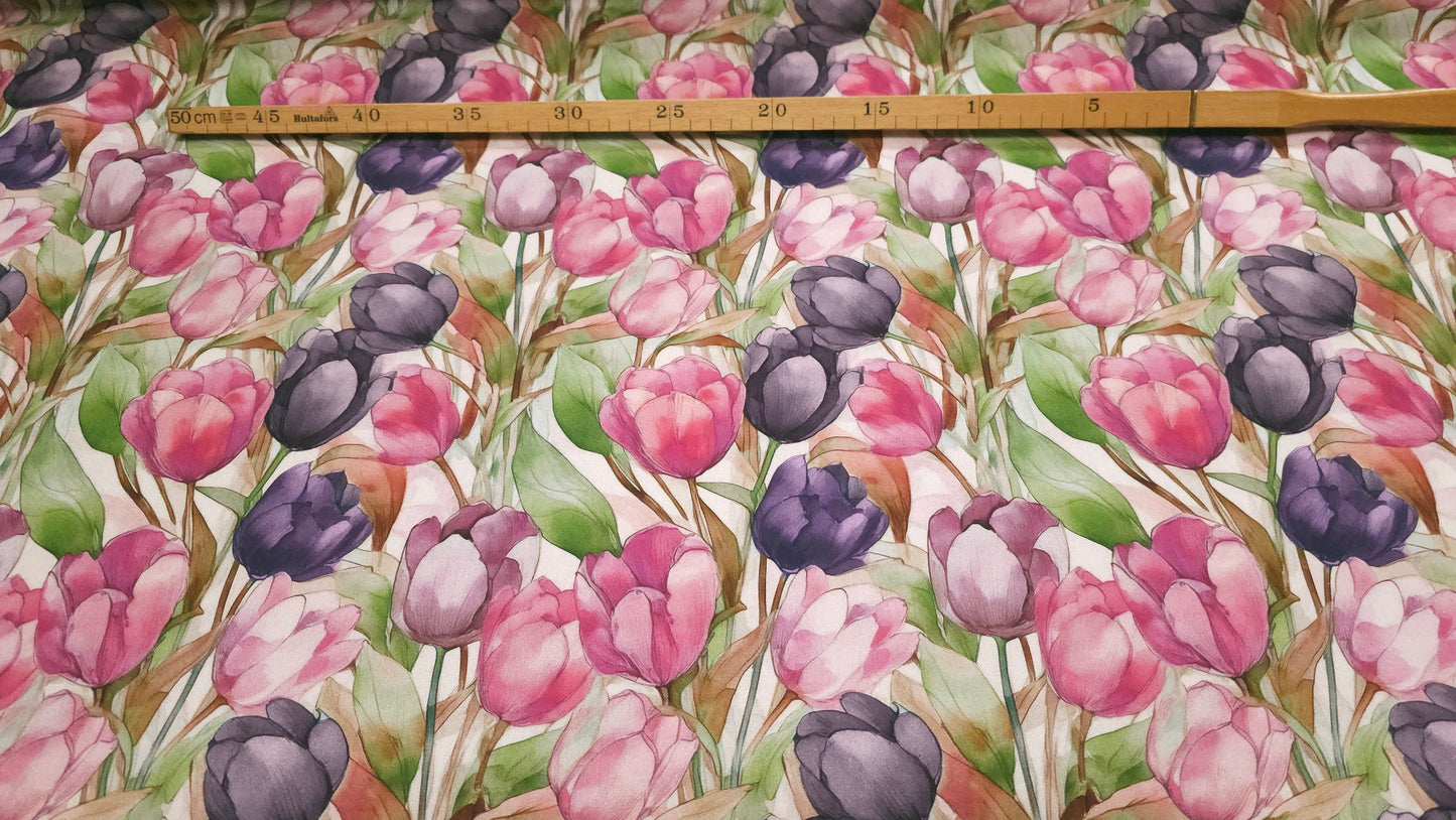 Bomuld Print Blomstret Tulipaner Pink/grøn/lilla