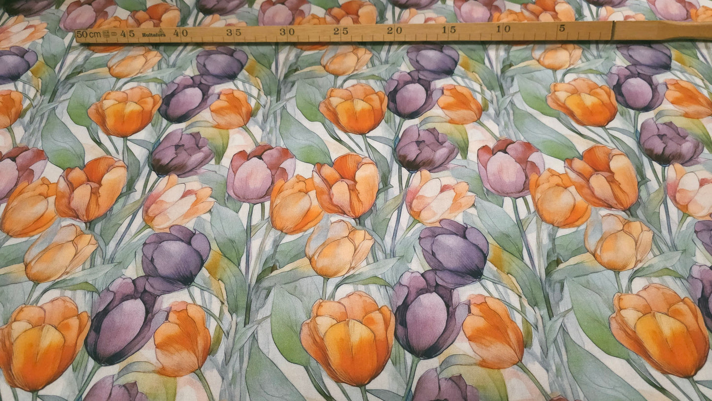 Bomuld Print Blomstret Tulipaner Orange/grøn/lilla