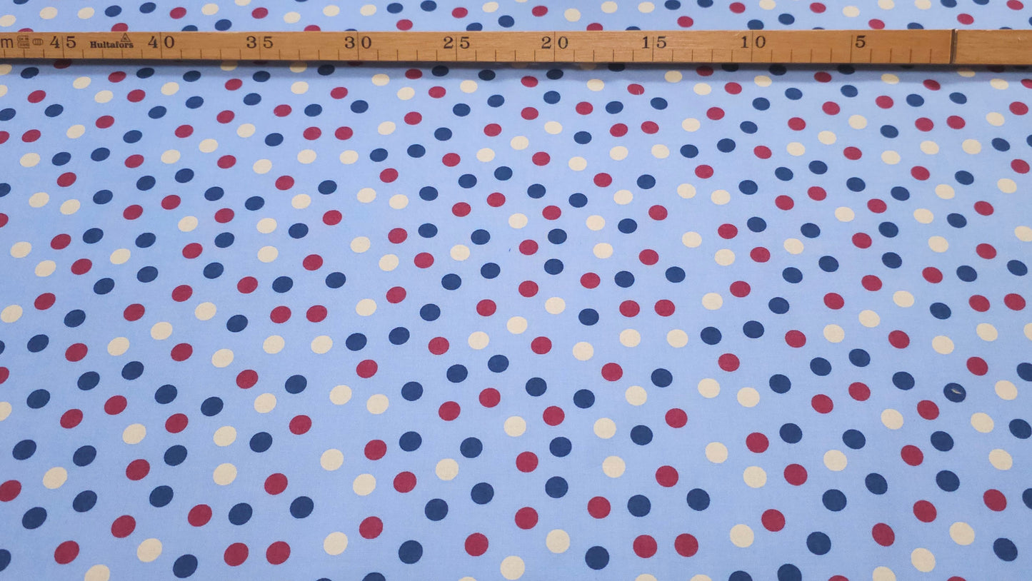 Bomuld Print Polkaprikket Lyseblå med gul, blå, rød
