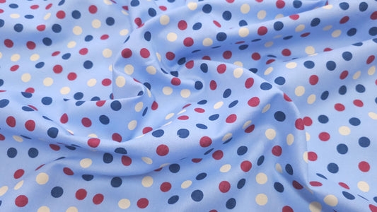 Bomuld Print Polkaprikket Lyseblå med gul, blå, rød