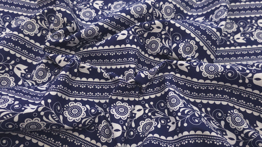 Bomuld Print Blomstret Mørkeblå med hvid