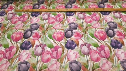 Bomuld Print Blomstret Tulipaner Pink/grøn/lilla