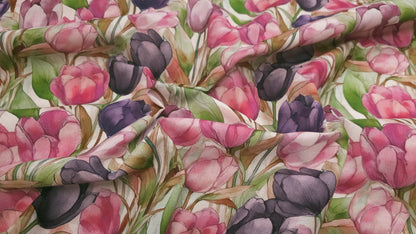 Bomuld Print Blomstret Tulipaner Pink/grøn/lilla