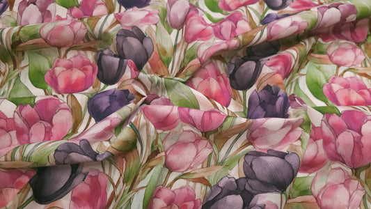 Bomuld Print Blomstret Tulipaner Pink/grøn/lilla