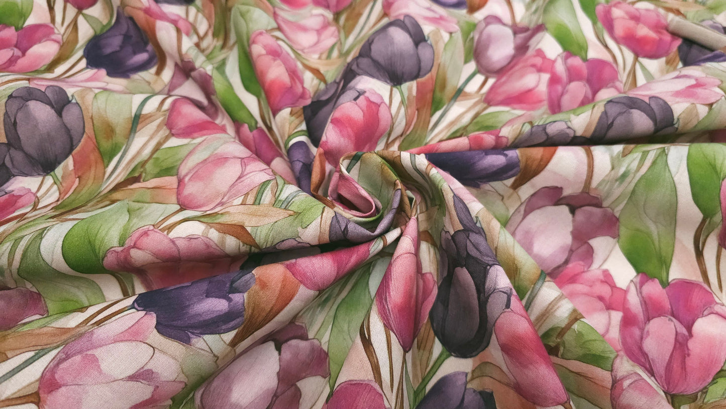 Bomuld Print Blomstret Tulipaner Pink/grøn/lilla