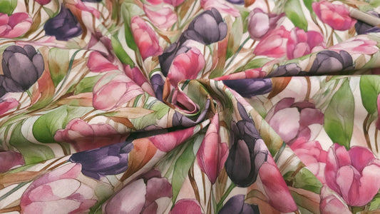 Bomuld Print Blomstret Tulipaner Pink/grøn/lilla