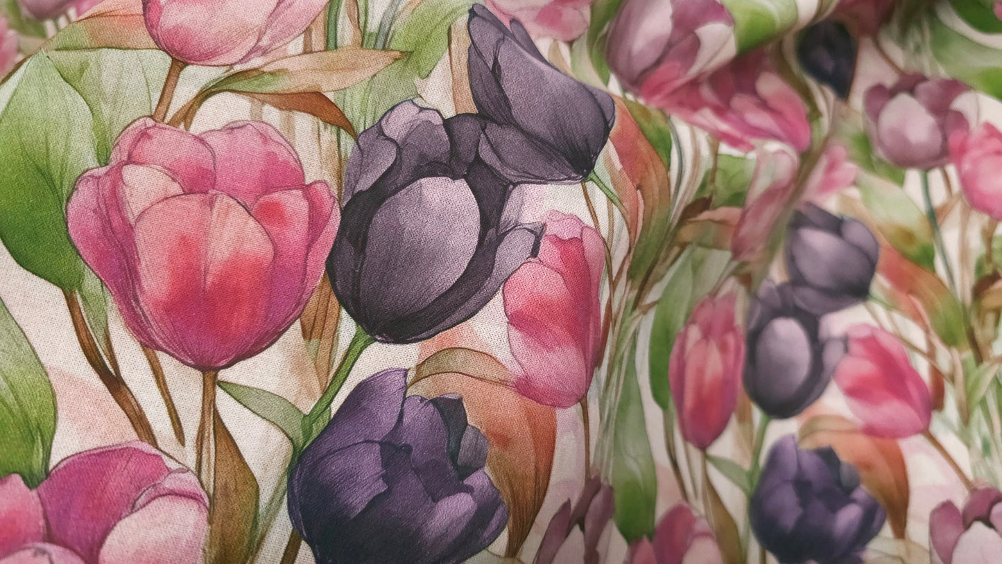 Bomuld Print Blomstret Tulipaner Pink/grøn/lilla