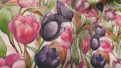 Bomuld Print Blomstret Tulipaner Pink/grøn/lilla