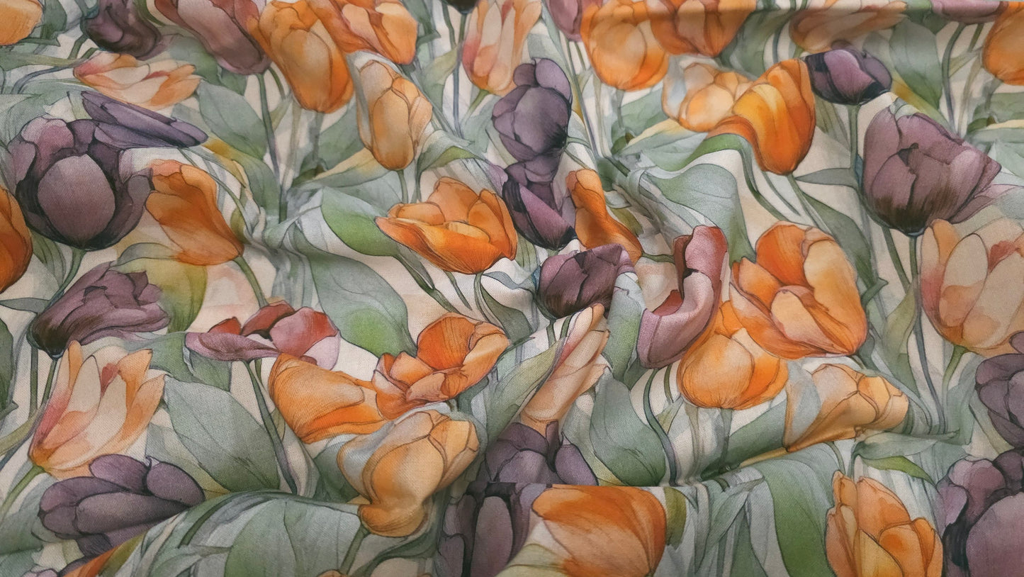 Bomuld Print Blomstret Tulipaner Orange/grøn/lilla