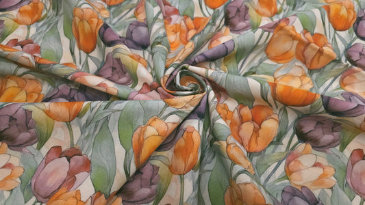 Bomuld Print Blomstret Tulipaner Orange/grøn/lilla