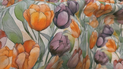 Bomuld Print Blomstret Tulipaner Orange/grøn/lilla