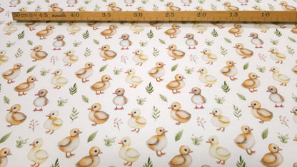 Bomuld Print Påskekyllinger Hvid med gul/brun/grøn