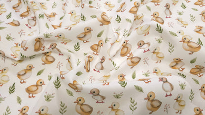 Bomuld Print Påskekyllinger Hvid med gul/brun/grøn