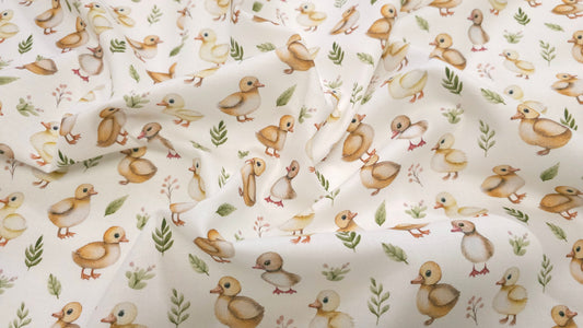 Bomuld Print Påskekyllinger Hvid med gul/brun/grøn
