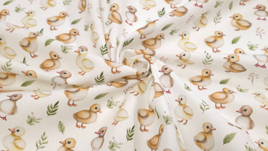 Bomuld Print Påskekyllinger Hvid med gul/brun/grøn