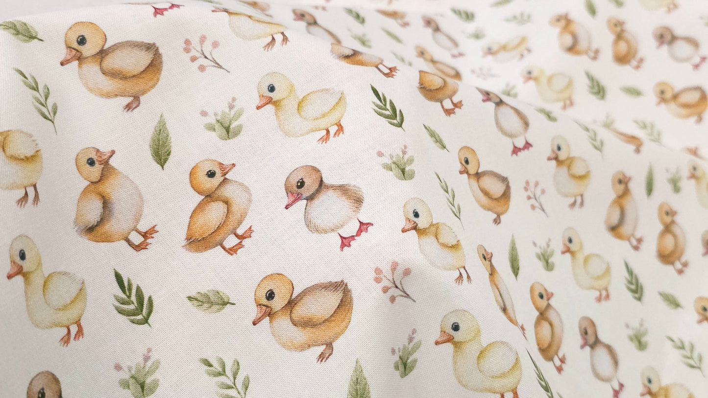 Bomuld Print Påskekyllinger Hvid med gul/brun/grøn
