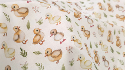 Bomuld Print Påskekyllinger Hvid med gul/brun/grøn