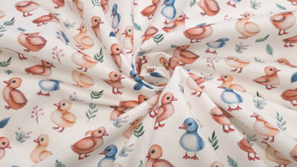 Bomuld Print Påskekyllinger Hvid med blå/pink/grøn