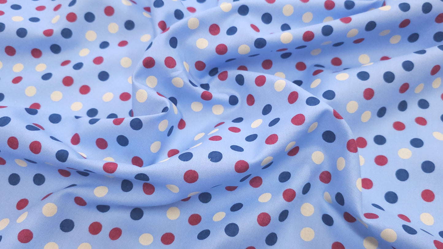 Bomuld Print Polkaprikket Lyseblå med gul, blå, rød