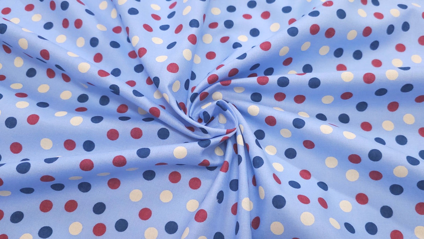 Bomuld Print Polkaprikket Lyseblå med gul, blå, rød