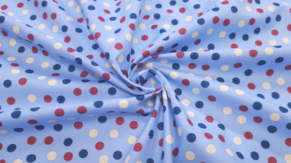 Bomuld Print Polkaprikket Lyseblå med gul, blå, rød