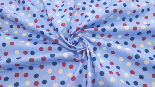 Bomuld Print Polkaprikket Lyseblå med gul, blå, rød