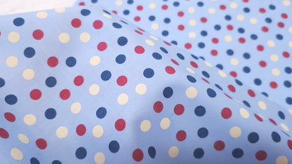 Bomuld Print Polkaprikket Lyseblå med gul, blå, rød