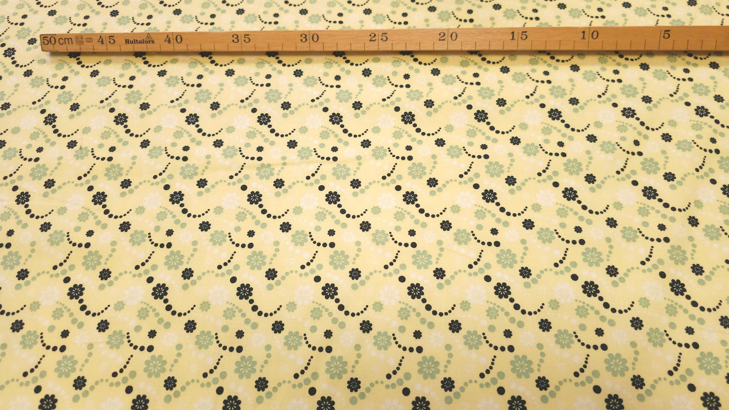 Bomuld Print Blomstret Gul med Sort, hvid, grøn