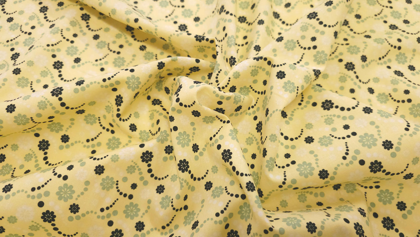 Bomuld Print Blomstret Gul med Sort, hvid, grøn