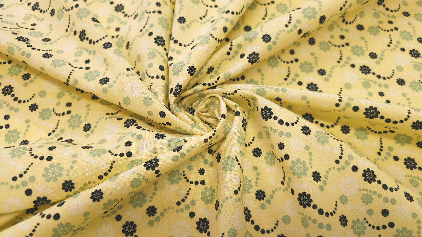 Bomuld Print Blomstret Gul med Sort, hvid, grøn