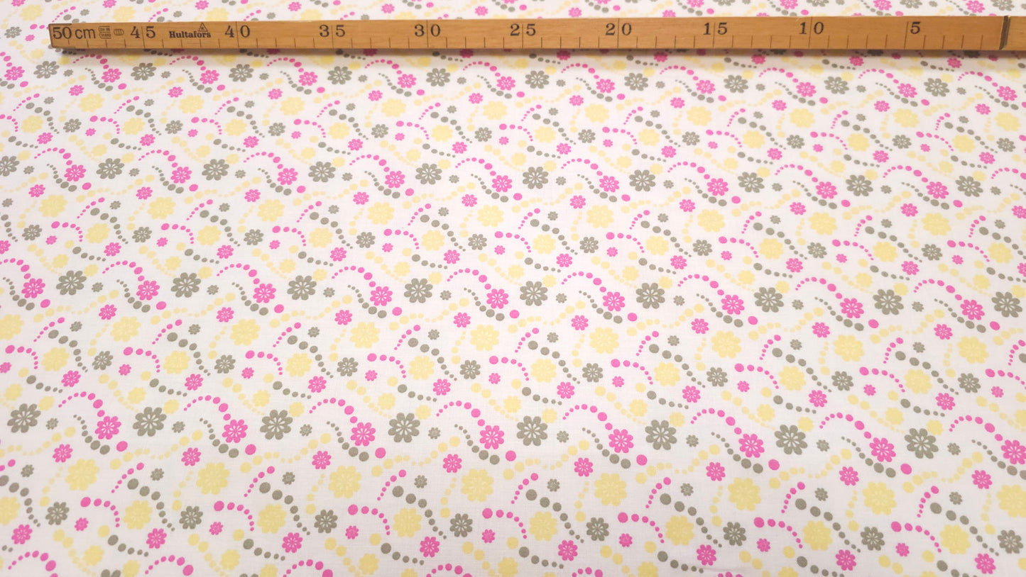 Bomuld Print Blomstret Hvid med gul, pink, grøn