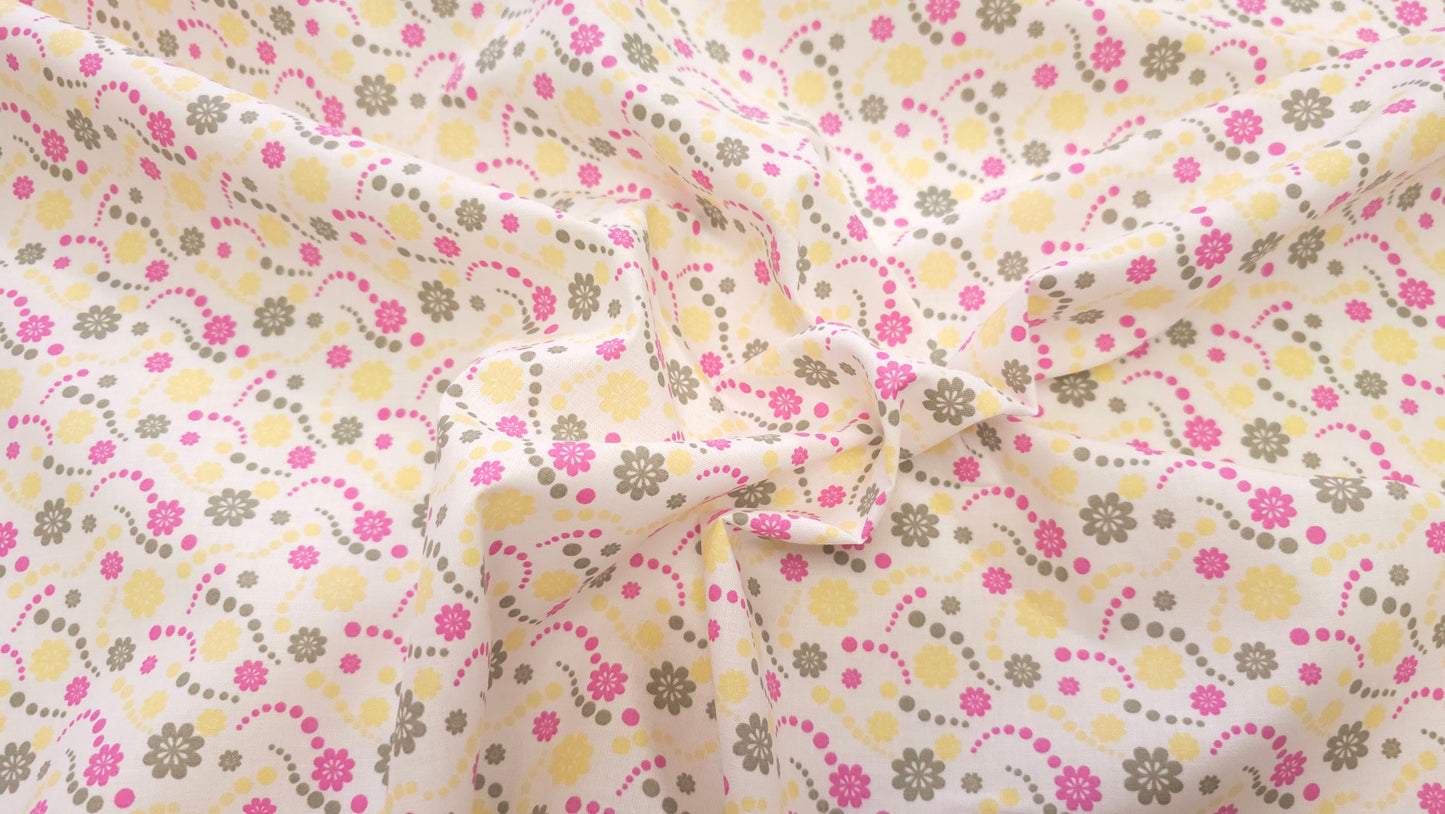 Bomuld Print Blomstret Hvid med gul, pink, grøn