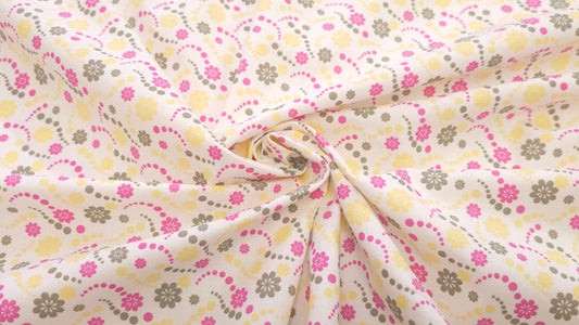 Bomuld Print Blomstret Hvid med gul, pink, grøn