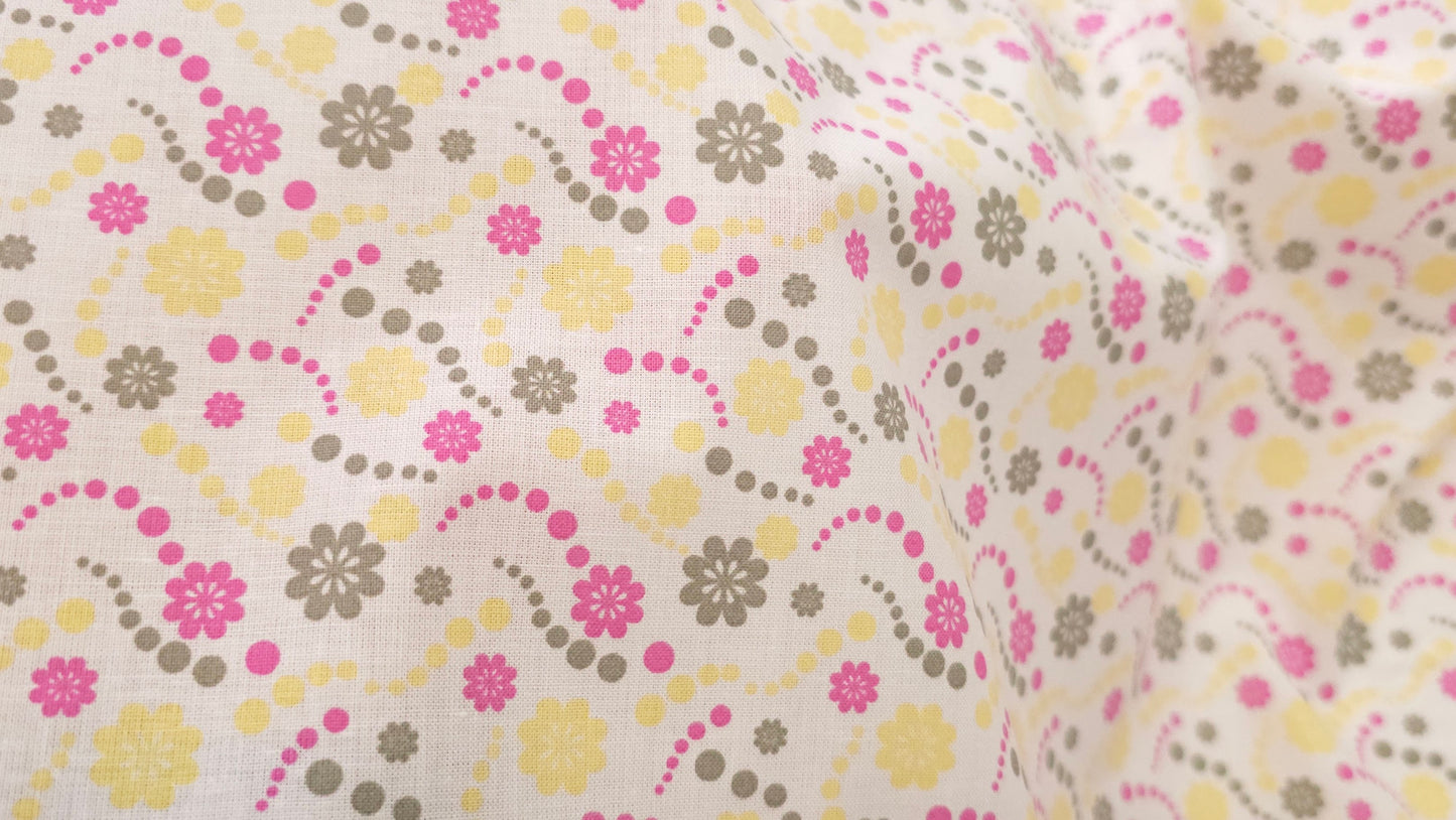 Bomuld Print Blomstret Hvid med gul, pink, grøn