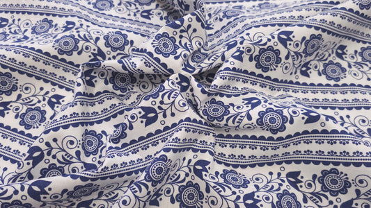 Bomuld Print Blomstret Hvid med mørkeblå