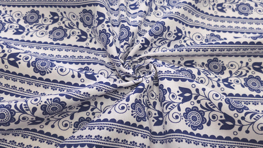 Bomuld Print Blomstret Hvid med mørkeblå