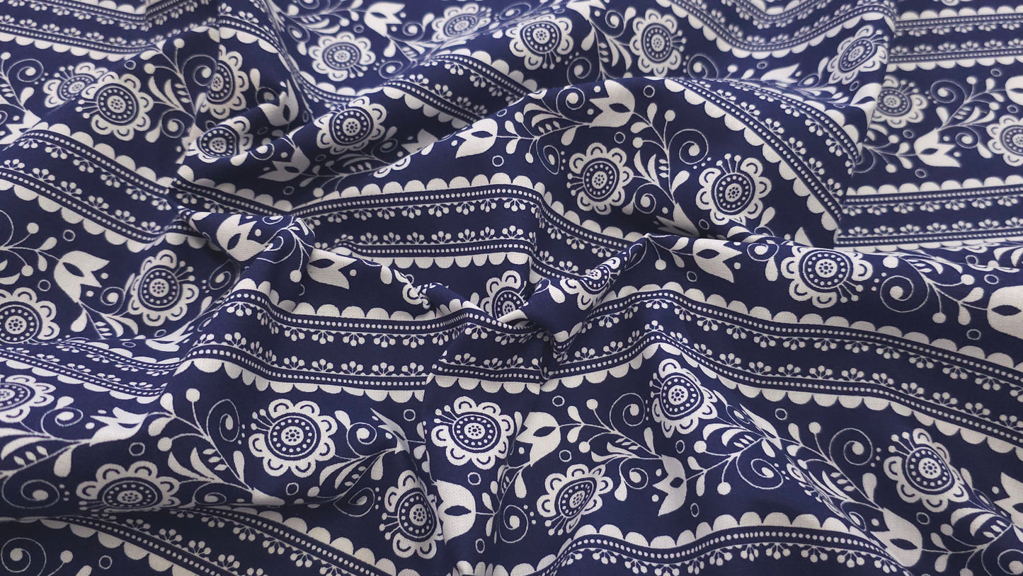 Bomuld Print Blomstret Mørkeblå med hvid