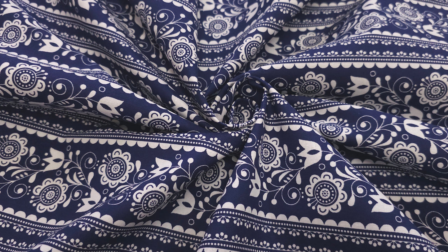 Bomuld Print Blomstret Mørkeblå med hvid