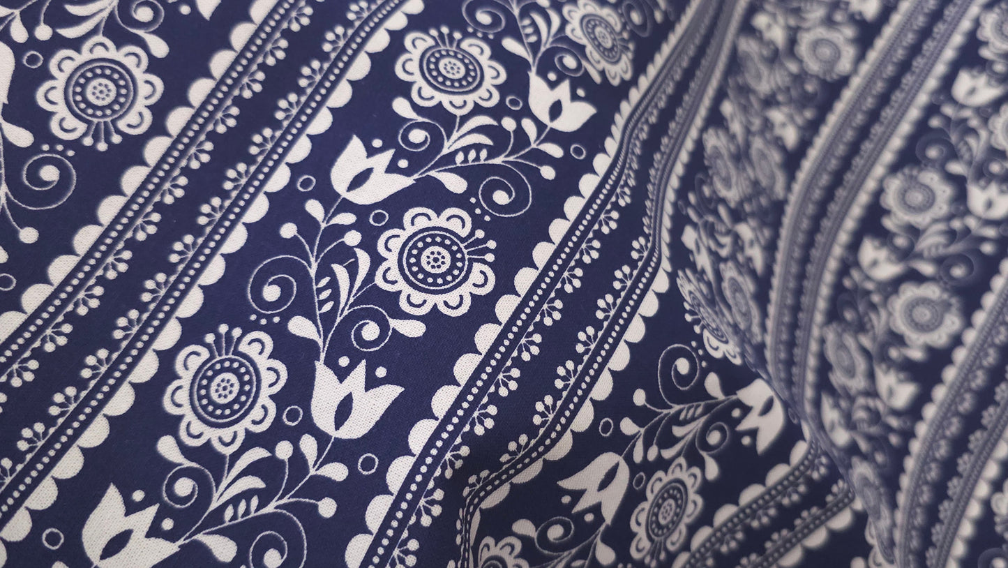 Bomuld Print Blomstret Mørkeblå med hvid